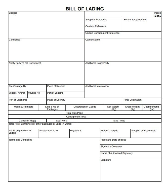 Bill of Lading to include security seal number